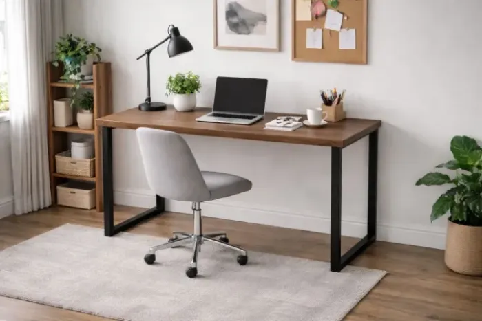 Mesa de Escritório Reforçada 1,50m - Estrutura em Ferro Preto e Tampo Grosso | Moderna 