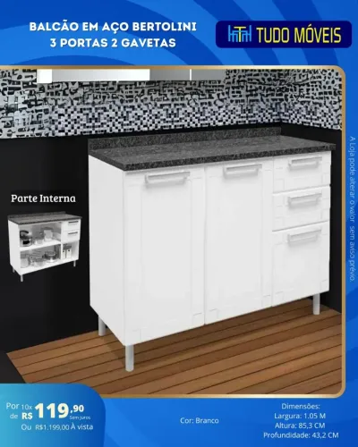 Balcão De Aço 3 Portas e 2 Gavetas 