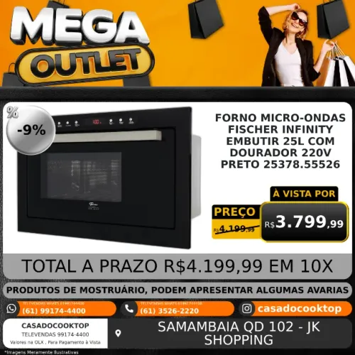 FORNO MICRO-ONDAS FISCHER INFINITY EMBUTIR 25L COM DOURADOR 220V PRETO 25378.55526