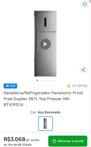 Geladeira/Refrigerador Panasonic Frost Free Duplex 387L Top Freezer NR-BT41PD1X