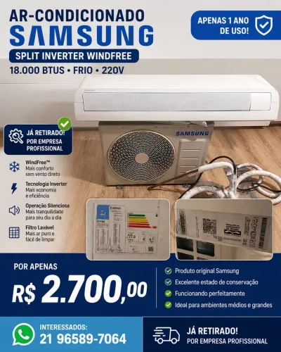 AR-CONDICIONADO SAMSUNG WINDFREE INVERTER 18.000 BTUS 