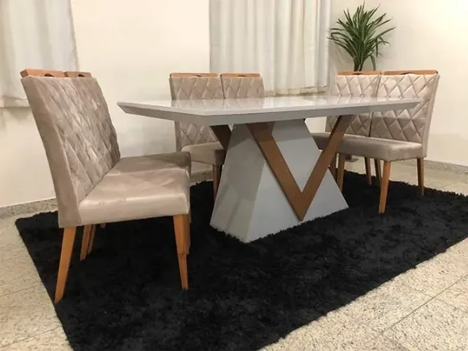 Mesa de Jantar com Tampo de Vidro + 8 Cadeiras Bege
