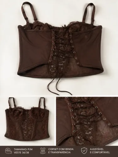 Cropped Feminino Corset Renda Corselet Alça Regulagem