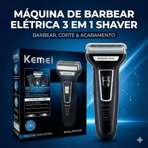 Máquina de Barbear Elétrica 3 Em 1 KM-6558 Shaver Multifuncional com 3 Funções