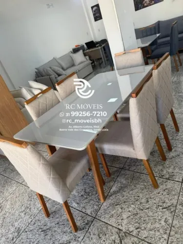 Mesa de jantar 1,70x0,90 Tampo Vidro Laqueado + 6 Cadeiras Madeira maciça