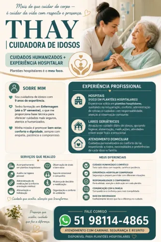Cuidadora de idosos | Plantões Hospitalares | 9 anos de experiência