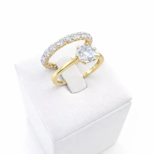 Aliança Cravejada + Anel Solitário Cristal Banho Ouro 18K ; Namoro, Noivado 2mm