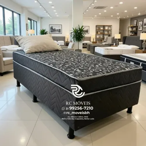 Box Cama Solteiro com Molas 0,88x1,88m Floral Cinza