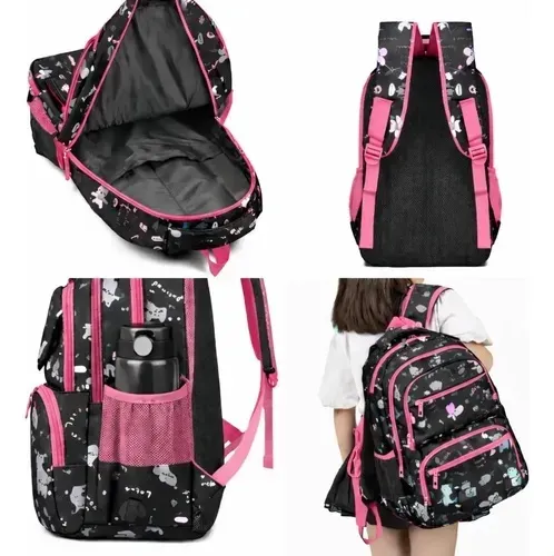Mochila Escolar Melody Preta e Rosa - Nova
