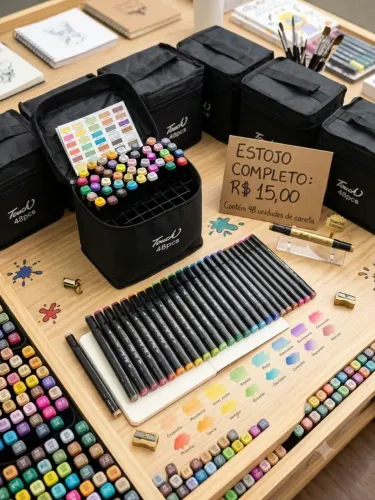 Canetinha colorida dupla 48pçs com estojo touchh