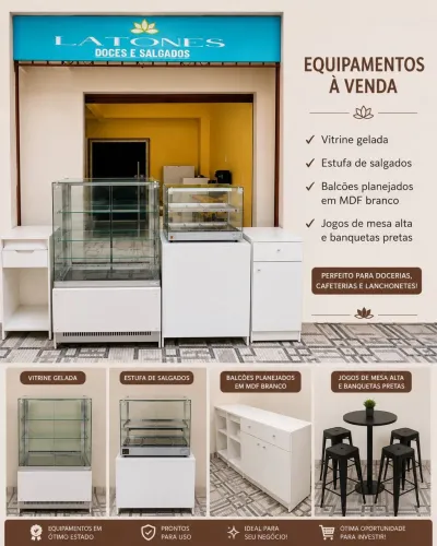 Balcão Caixa, Vitrine Gelada, Estufa e Jogo de Mesa