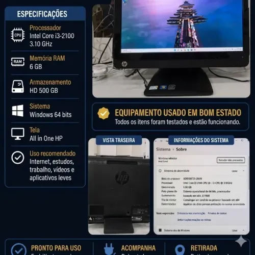 C All in One HP Completo - Intel Core i3 3.10GHz, 6GB RAM, HD 500GB, Windows 64 Bits