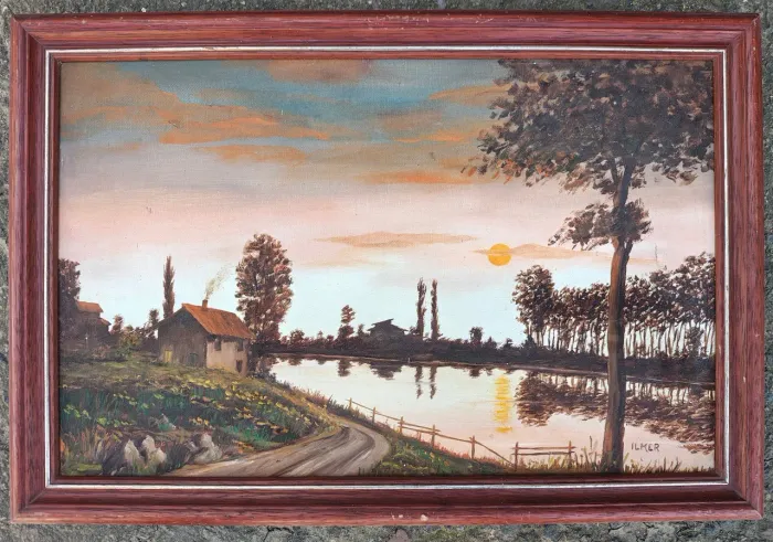 Quadro Pintura a Óleo sobre Tela "Paisagem Fluvial" com Moldura - 62x42 cm (Ano 2001)