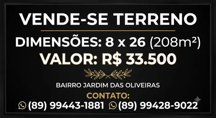 Vende-se terreno 8X26 no jardim das oliveiras