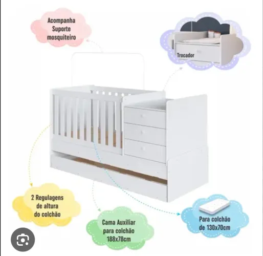 Berço Multifuncional com Cômoda, Trocador e Cama Auxiliar