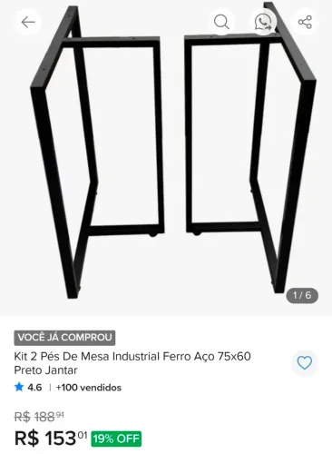 Kit 2 Pés De Mesa Industrial Ferro Aço 75x60 Preto Jantar