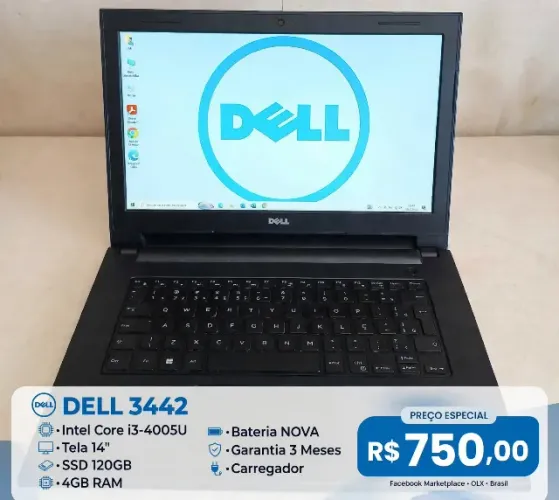 Notebook Dell i3 SSD 120GB Mem 4GB Tela 14"