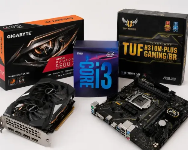 KIT GAMER RX 5600 XT+I3 9100+B310 GAMING PLUS 4 SLOT PARA RAM(somente os 3 itens)