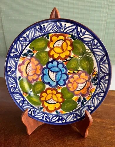 Prato decorativo português pintado à mão flores colorido - 26cm