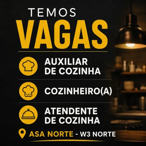 Vagas para Cozinheiro, Auxiliar de cozinha e Atendente de cozinha.