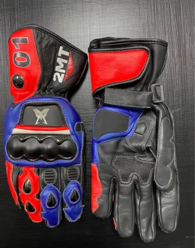 Luvas de Moto 2MT - Couro, vermelho, azul e preto.