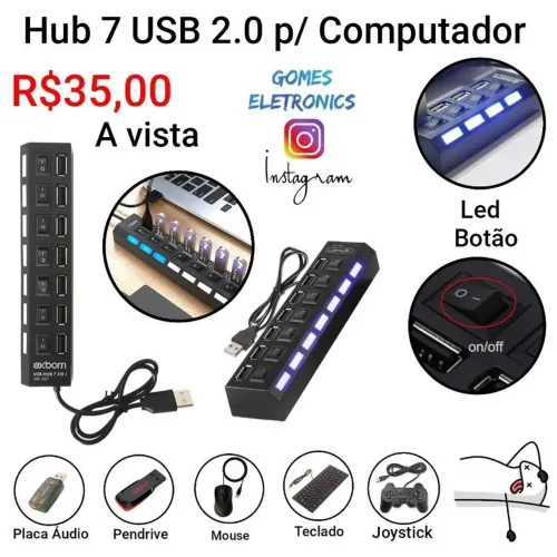 Hub Usb 2.0 Com 7 Portas Switch chave On/off e Led Indicador (Loja Fisica)<br>