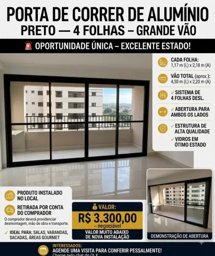 Porta de Correr de Alumínio Preto - 4 Folhas - Grande Vão 4,50 m