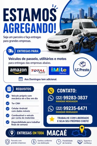 Entregador de Encomendas com Veículo para Agregar em Macaé 