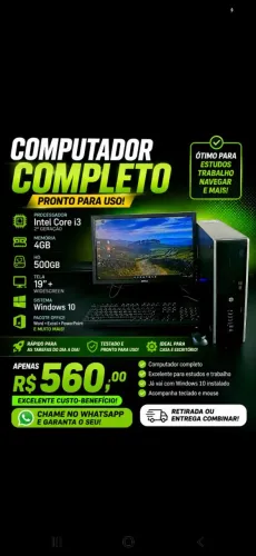 Computador HP i3 da 2 geração, 4gb de memória, hd 500gb, Windows 10 + pacote Office