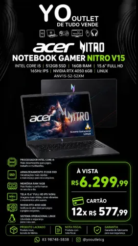 Notebook Gamer Acer Nitro V15, 16GB DDR5, Core i5, RTX 4050, 512GB SSD. Lacrado com nf