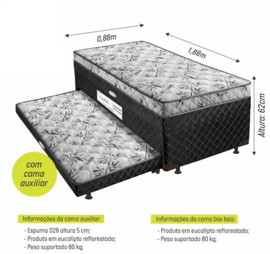 Cama box solteiro + cama auxiliar