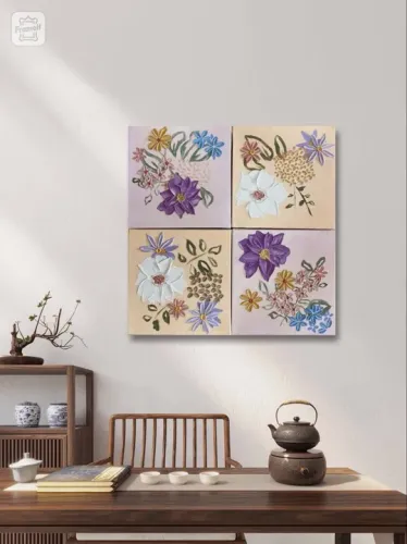 Tela Autoral pintada à mão com textura exclusiva - Quarteto Floral