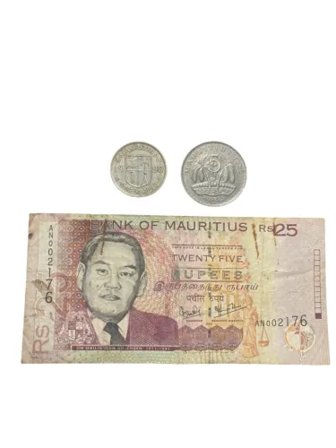 Conjunto de Uma Cédula e Duas Moedas de Maurício (Mauritius)