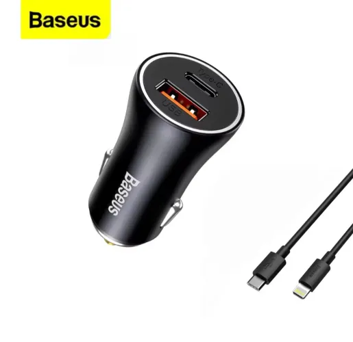 Carregador Veicular Baseus 60W USB-C e USB + Cabo IPhone 