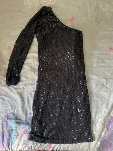 Vestido Festa Paetê Manga Longa Preto
