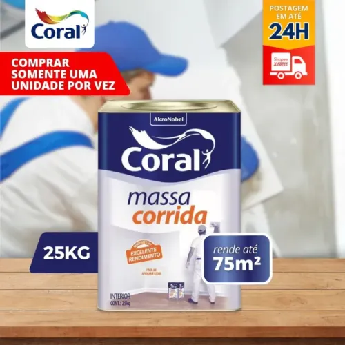 Massa Corrida PVA Lata Coral 25kg Uso Interno Branco Revestimento Alto Rendimento