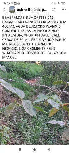 Terreno plano em Esmeraldas de 400m2 - Bairro São Francisco de Assis com agua e luz