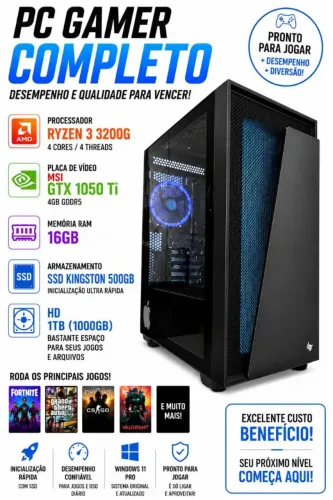 Pc gamer Ryzen 16 GB RAM SSD 500 GB HD 1 tb gtx1050ti