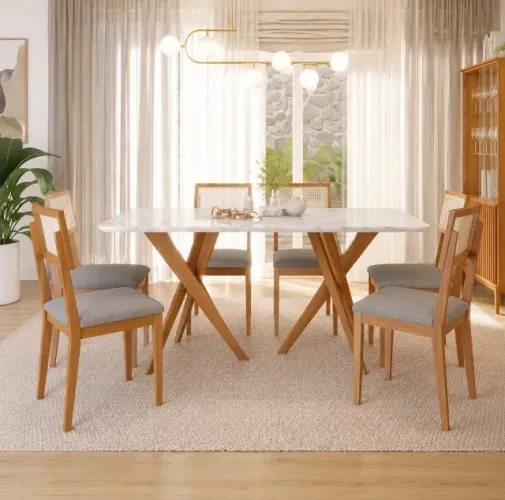 Conjunto Mesa de Jantar Montel 180 com Vidro e 6 Cadeiras Linho Cinza Grafite