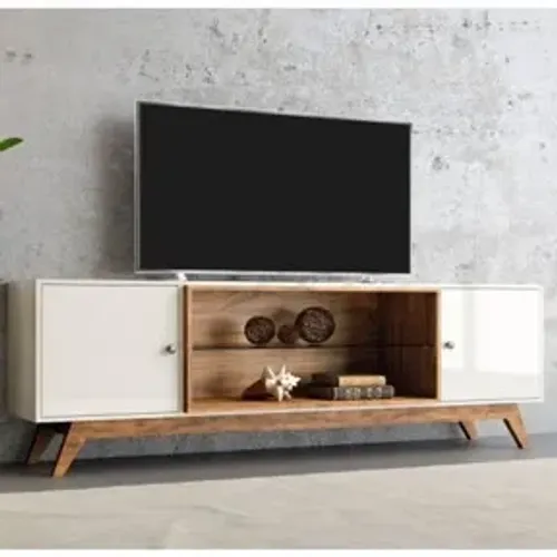 rack branco com detalhes no meio aberto em madeira