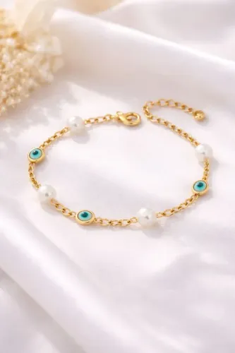 Pulseira Olho Grego Dourada com Pérolas | Semi Joia Delicada