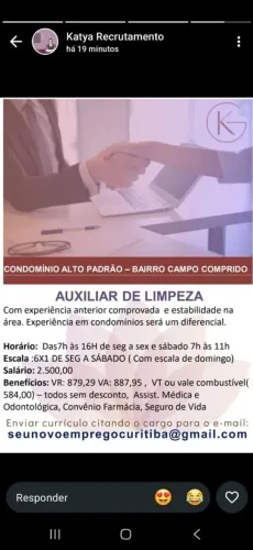 Auxiliar de limpeza para condomínio em Ecoville