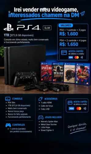 Ps4 Slim de 1TB com 4 jogos originais e 2 controles