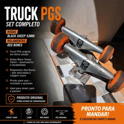 TRUCK PGS + KIT COMPLETO RODAS E ROLAMENTOS 