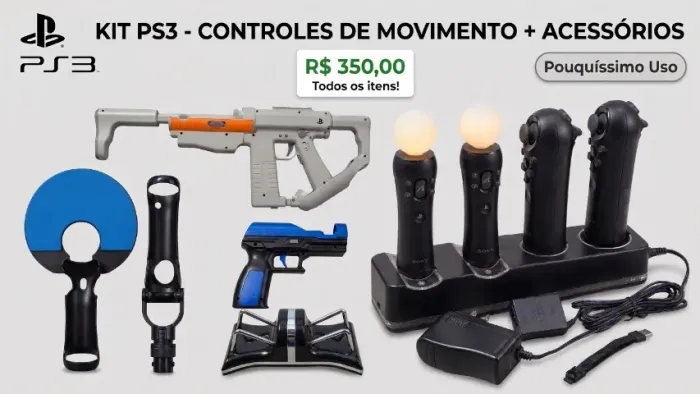 Kit PS3 - 2 conjuntos (controles de movimentos) + acessórios