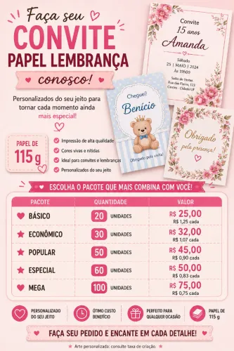Convites e Papéis Lembrança Personalizados 100 unidades por R$75,00