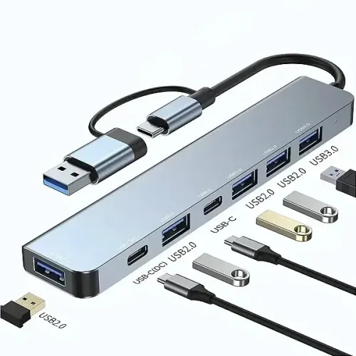 Hub USB e Tipo-C OTG 7 em 1 em Alumínio - 5 Portas USB + 2 Portas Tipo-C