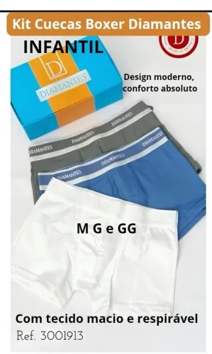 KIT CUECAS BOXER DIAMANTES COM 3 UNIDADES- INFANTIL 