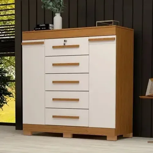 Cômoda Diana 2 Portas 5 Gavetas 100% Mdf Cinamomo/Off White - Acp Móveis