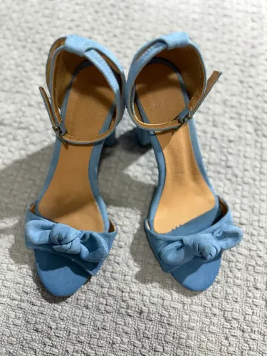 Sandalia feminina azul com laço, salto bloco camurçada tam 37